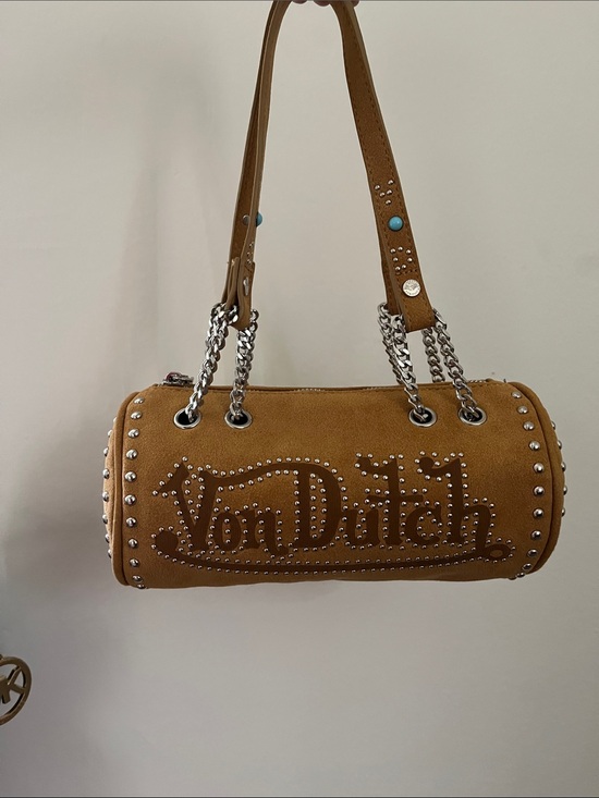 Von Dutch Handbags - NWT Von Dutch Studded Barrel Shoulder Bag with Chain Straps & Teal Gems